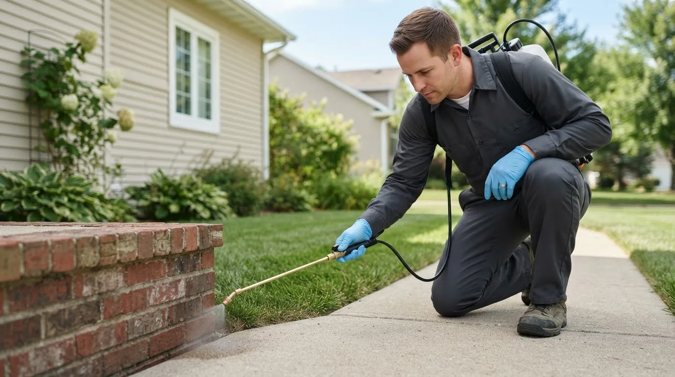 Pest control technician treating a home near Bartlett, NH